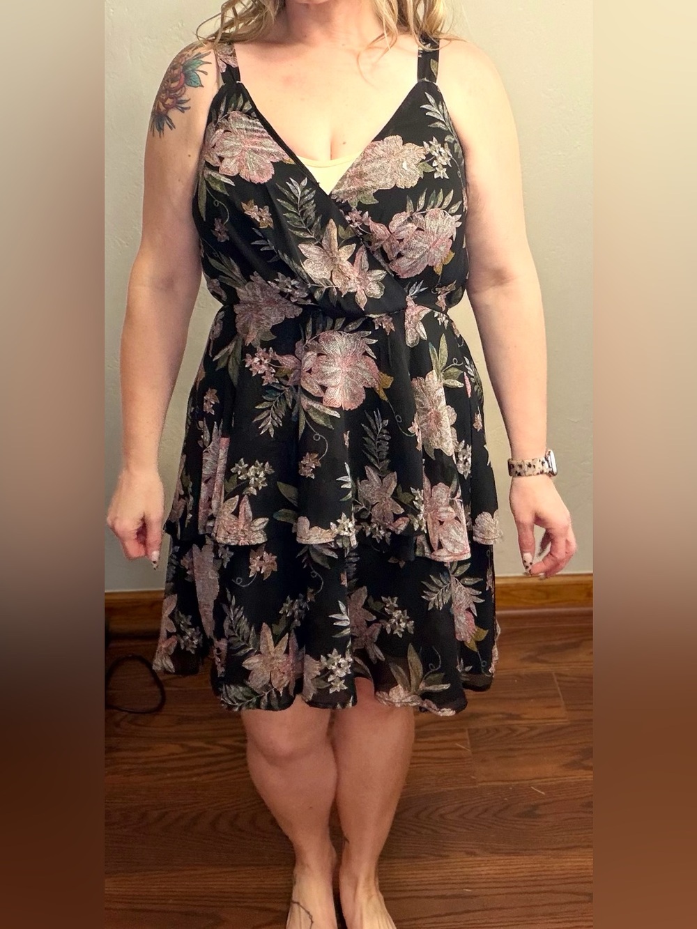 Maurices Black Floral Tiered Chiffon Dress M Adjustable Straps